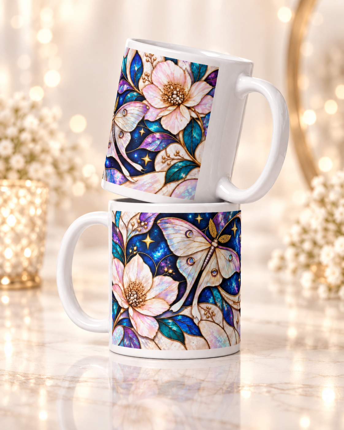 Mug Papillon de Lune, Tasse Céleste Blanc et Or