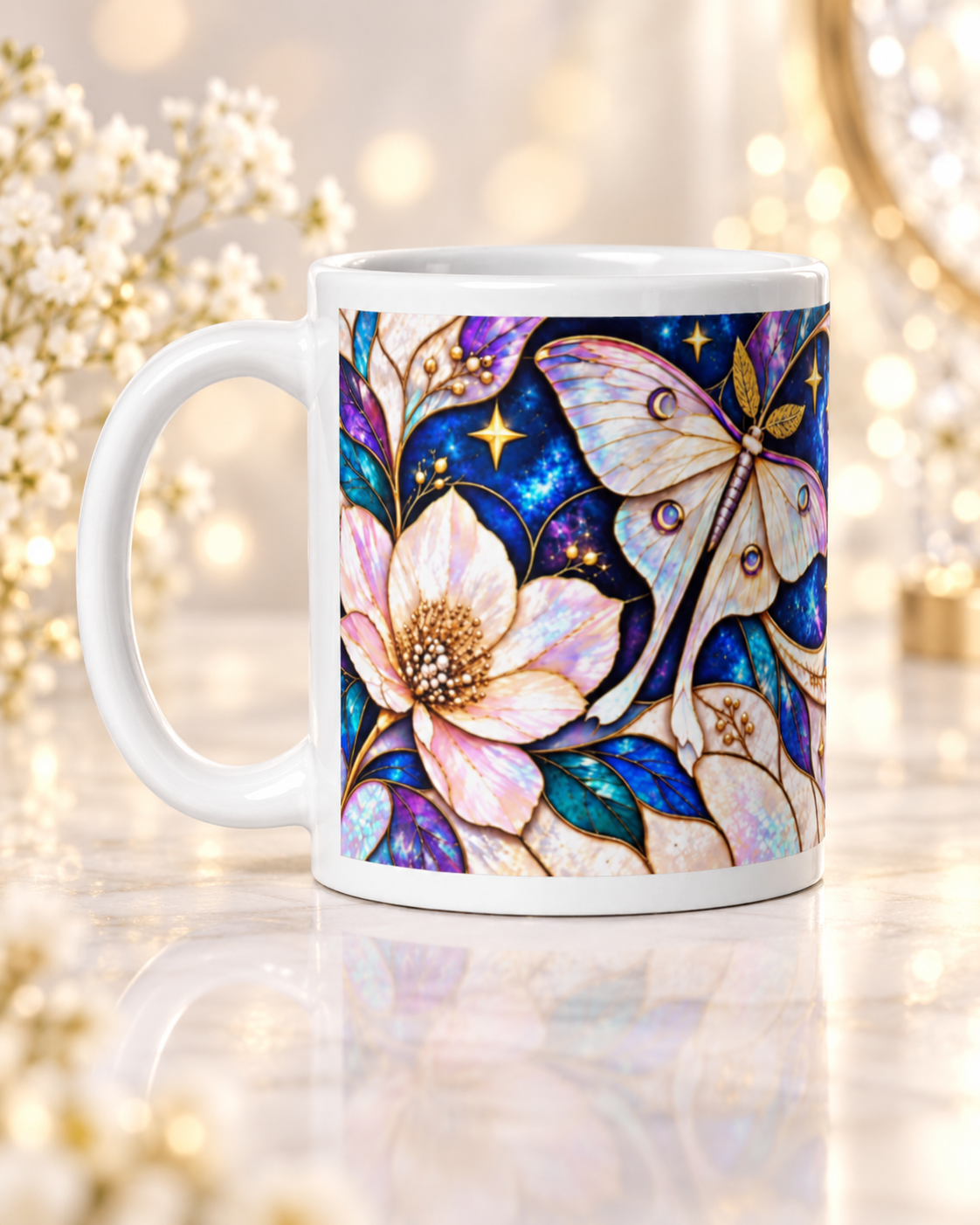 Mug Papillon de Lune, Tasse Céleste Blanc et Or