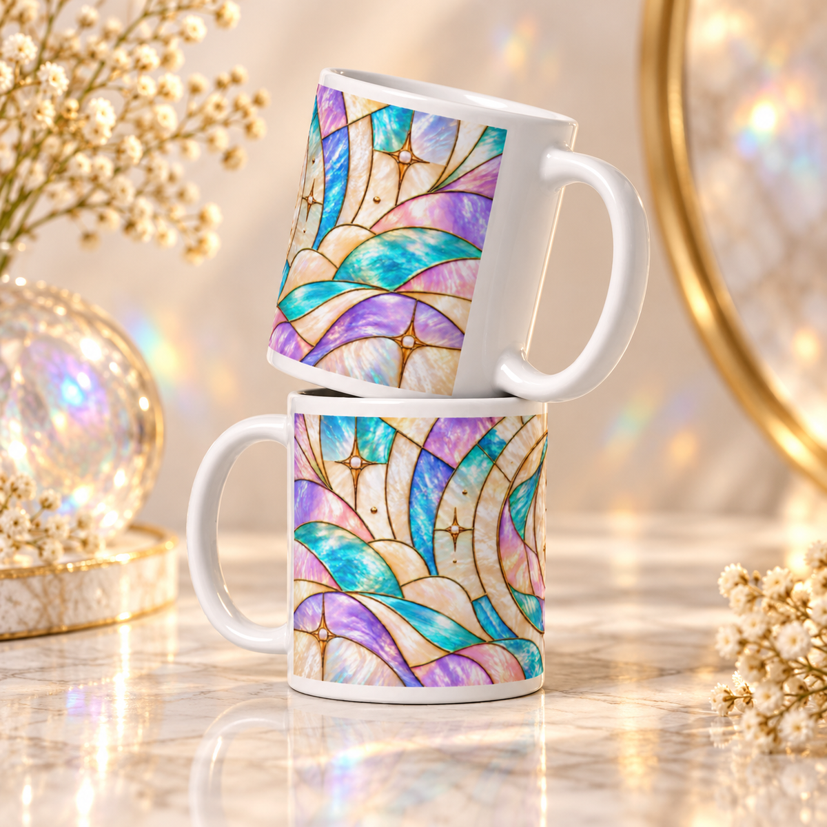Mug Mandala Lune Céleste, Tasse Boho Pastel Irisé