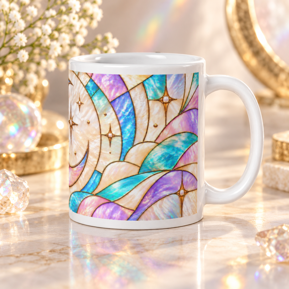 Mug Mandala Lune Céleste, Tasse Boho Pastel Irisé