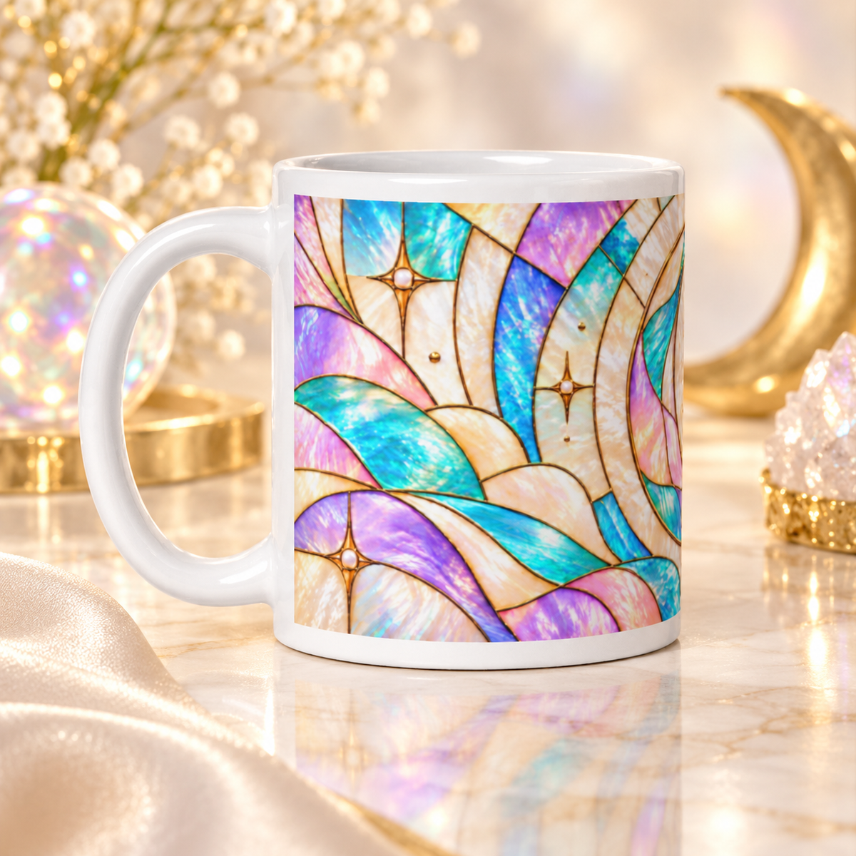 Mug Mandala Lune Céleste, Tasse Boho Pastel Irisé