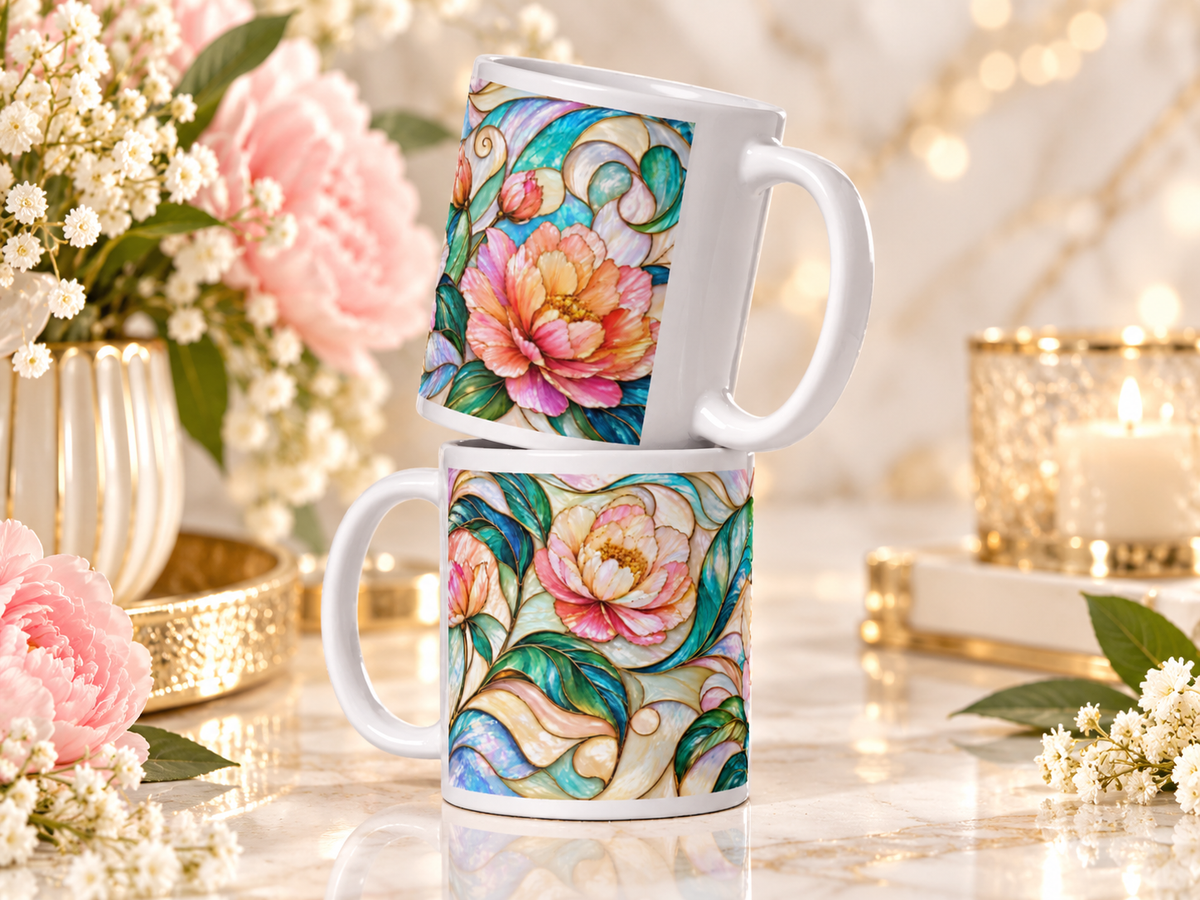 Mug Fleur de Pivoine, Tasse Vitrail Rose et Vert