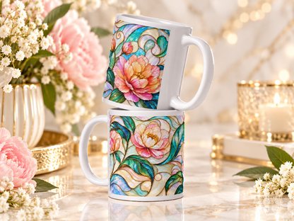 Mug Fleur de Pivoine, Tasse Vitrail Rose et Vert