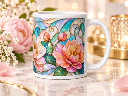 Mug Fleur de Pivoine, Tasse Vitrail Rose et Vert