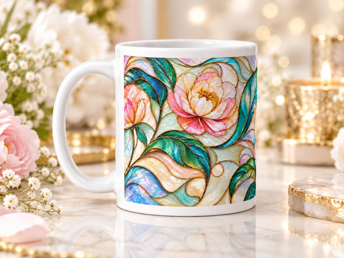 Mug Fleur de Pivoine, Tasse Vitrail Rose et Vert