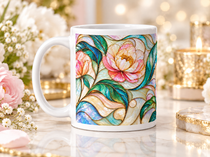 Mug Fleur de Pivoine, Tasse Vitrail Rose et Vert