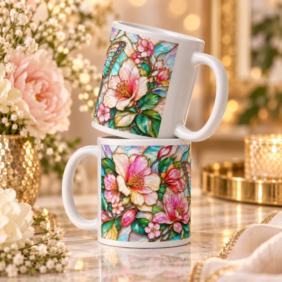 Mug Papillon Vitrail, Tasse Rose et Or Irisé