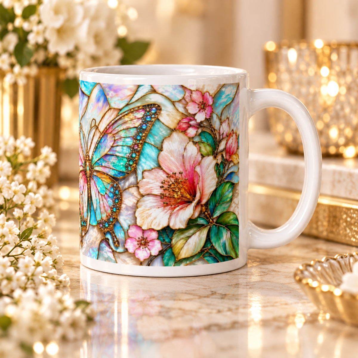 Mug Papillon Vitrail, Tasse Rose et Or Irisé