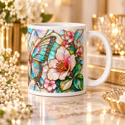 Mug Papillon Vitrail, Tasse Rose et Or Irisé