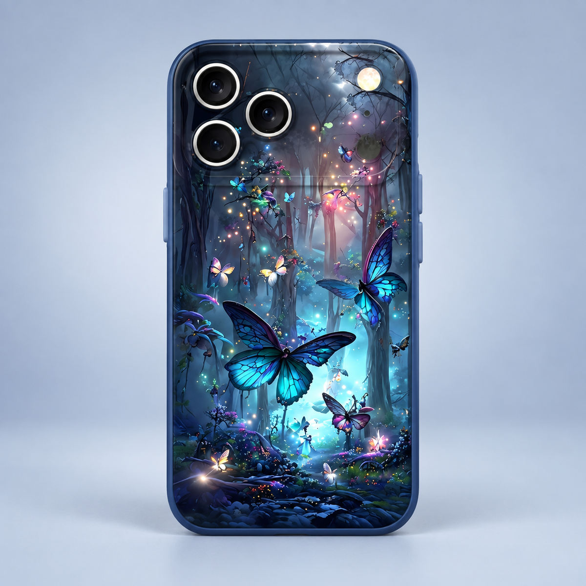 Coque iPhone Forêt Enchantée Papillons Bleus, Design Magique Lumineux