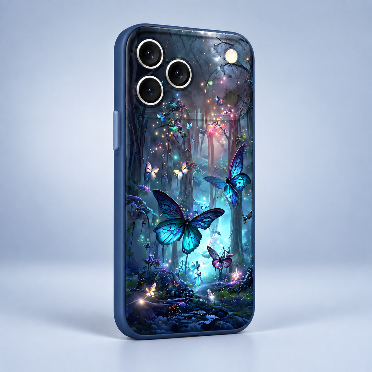 Coque iPhone Forêt Enchantée Papillons Bleus, Design Magique Lumineux