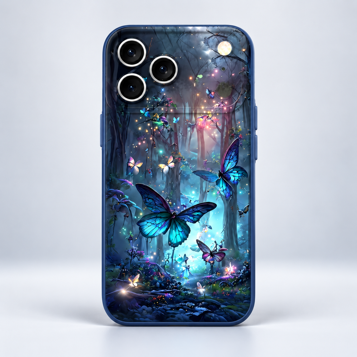 Coque iPhone Forêt Enchantée Papillons Bleus, Design Magique Lumineux