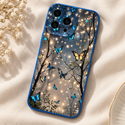 Coque iPhone Papillons et Guirlandes Lumineuses, Transparente Bordure Bleue