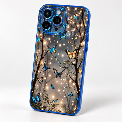 Coque iPhone Papillons et Guirlandes Lumineuses, Transparente Bordure Bleue