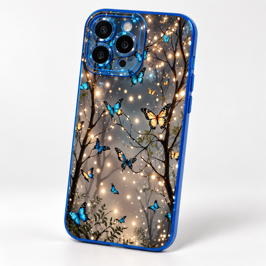 Coque iPhone Papillons et Guirlandes Lumineuses, Transparente Bordure Bleue