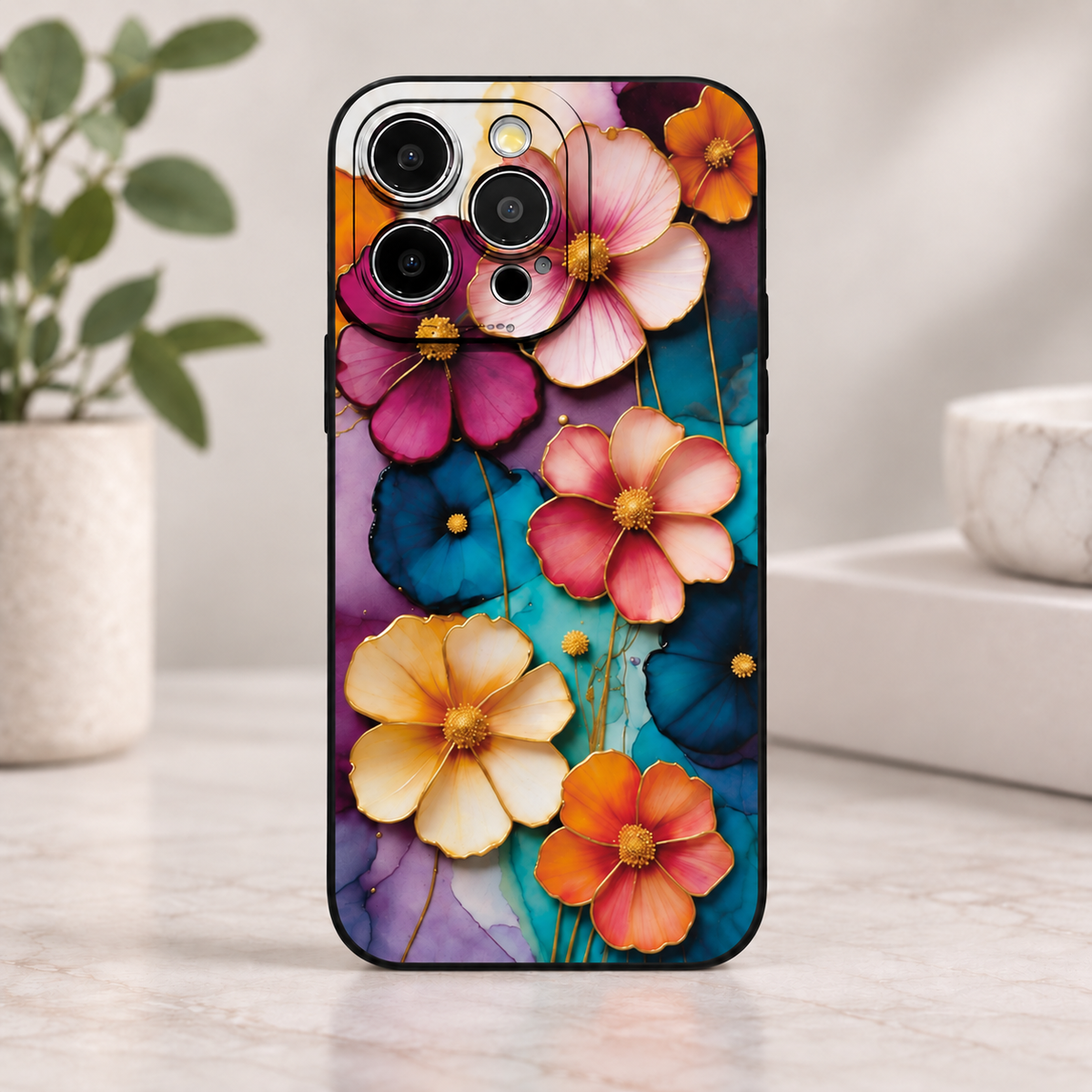 Coque iPhone Fleurs Aquarelle Dorées, Design Floral Élégant