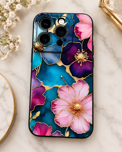Blue and Purple Watercolor Floral iPhone Case with Gold Accents, Elegant Floral Design