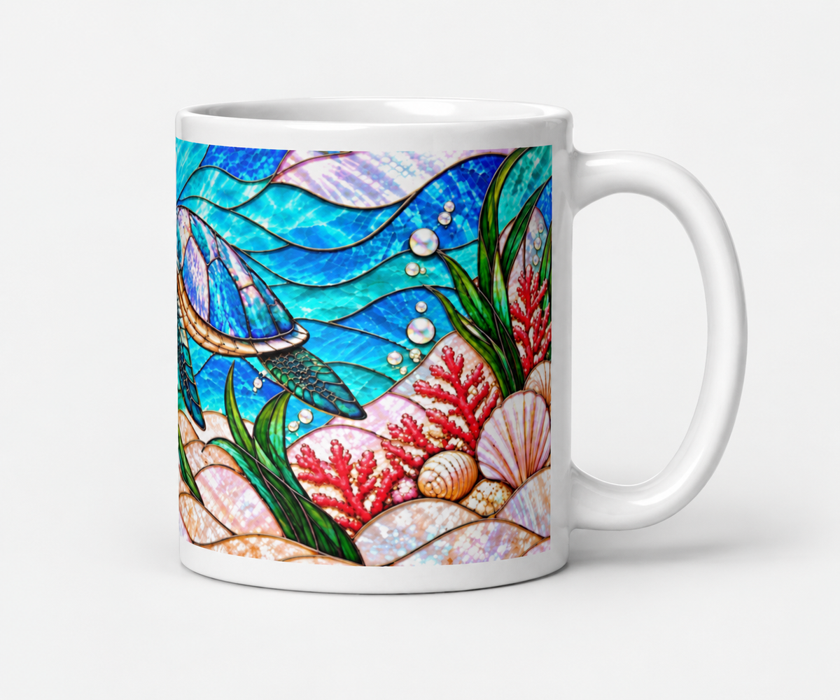 Sea Turtle Mug, Stained Glass Ocean Coffee Cup, Beach Coral Coastal Mug, Turquoise Turtle Lover Gift