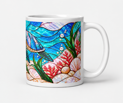 Sea Turtle Mug, Stained Glass Ocean Coffee Cup, Beach Coral Coastal Mug, Turquoise Turtle Lover Gift