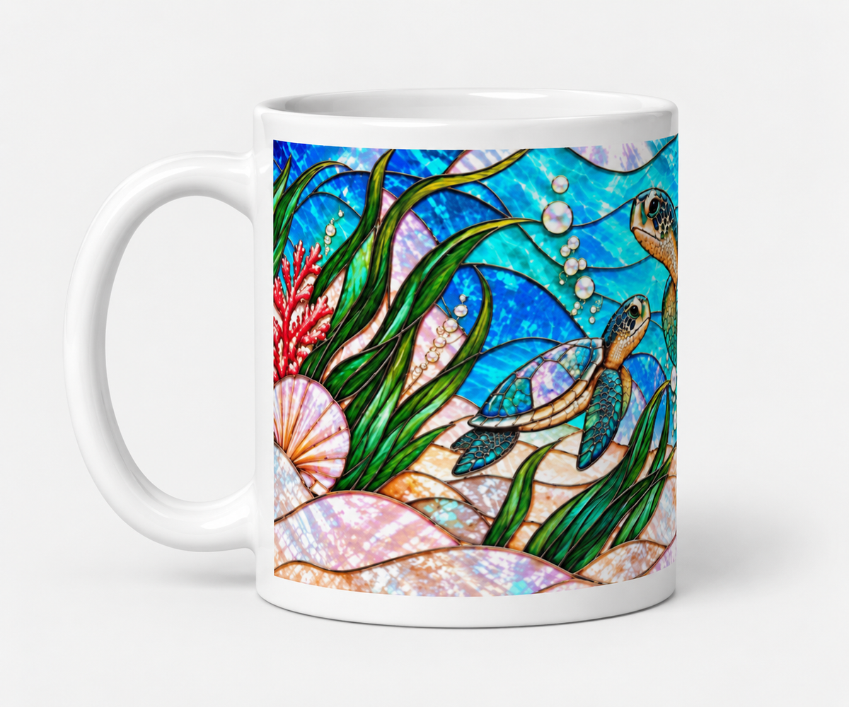 Sea Turtle Mug, Stained Glass Ocean Coffee Cup, Beach Coral Coastal Mug, Turquoise Turtle Lover Gift