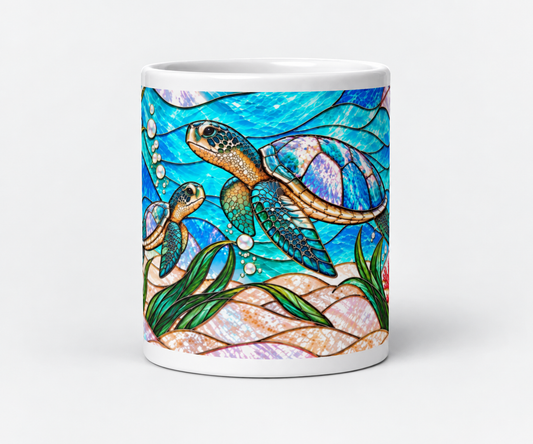 Sea Turtle Mug, Stained Glass Ocean Coffee Cup, Beach Coral Coastal Mug, Turquoise Turtle Lover Gift